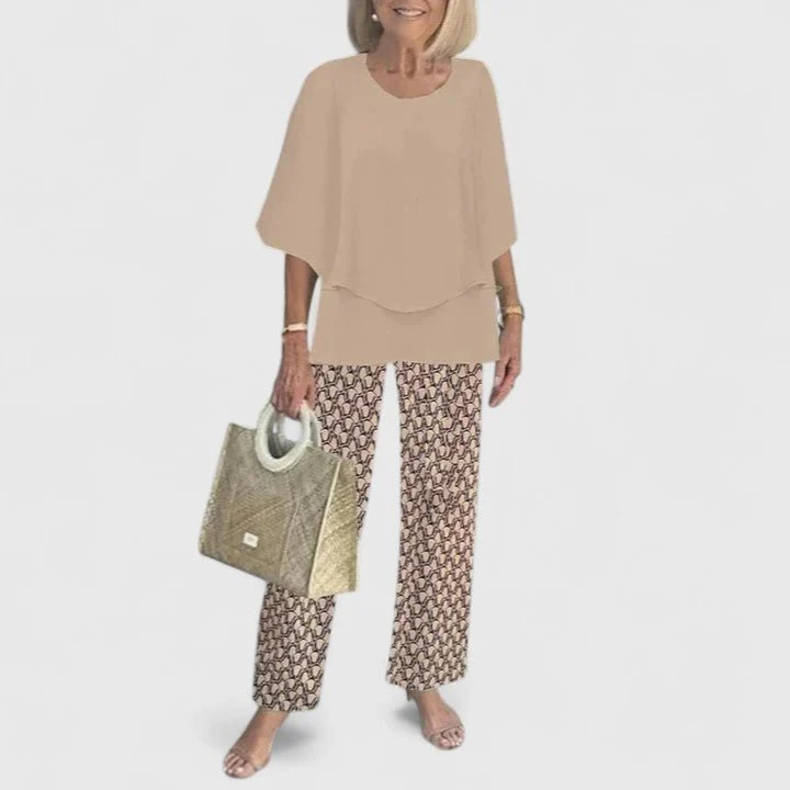 Emilia | Damen Zweiteiliges Fledermaus-Top Botanik Weitbein-Hosen Set