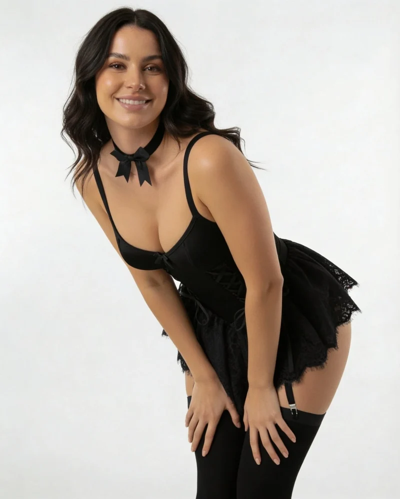 Johanna | Damen Spitzen-Rüschen Bustier Body mit Strumpfhalter-Riemen