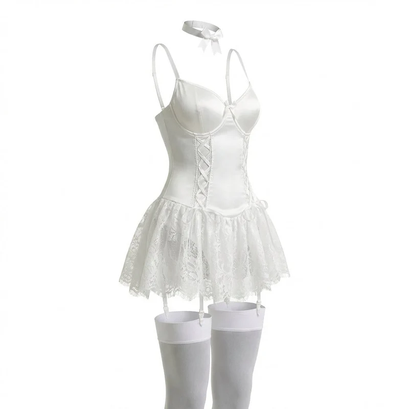 Johanna | Damen Spitzen-Rüschen Bustier Body mit Strumpfhalter-Riemen