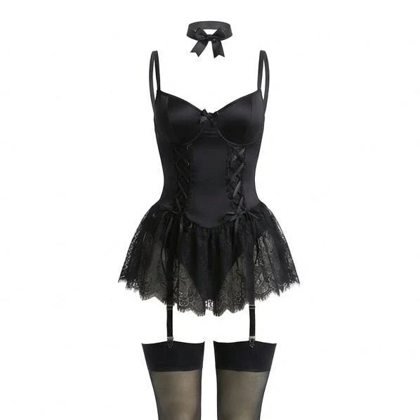 Johanna | Damen Spitzen-Rüschen Bustier Body mit Strumpfhalter-Riemen