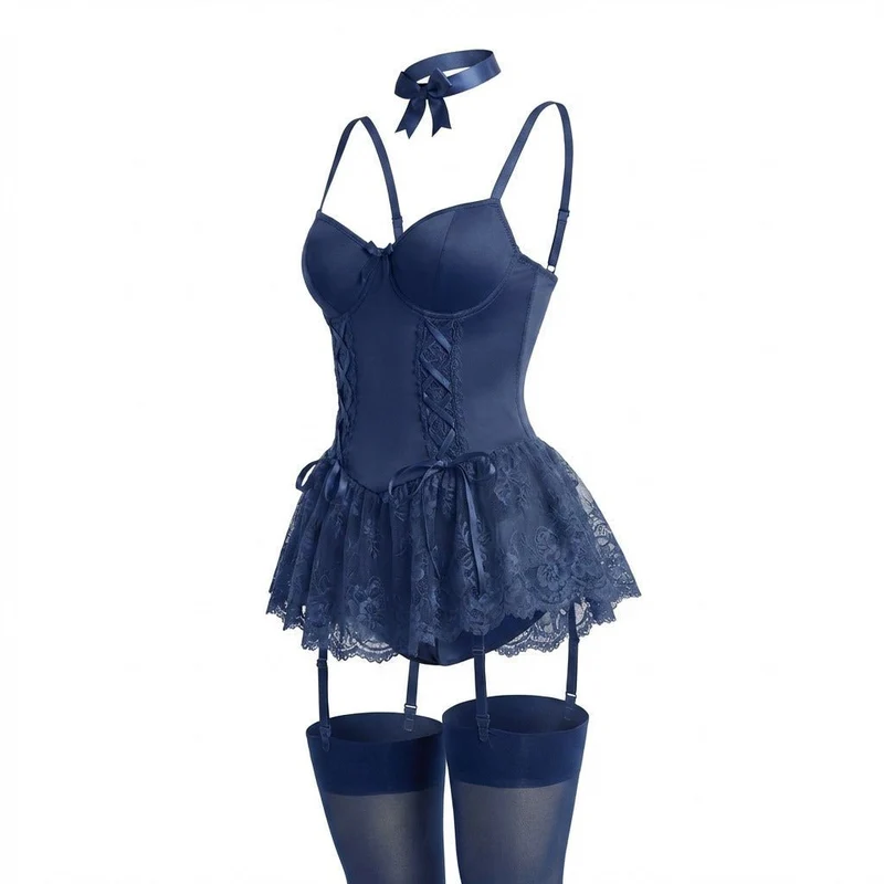 Johanna | Damen Spitzen-Rüschen Bustier Body mit Strumpfhalter-Riemen