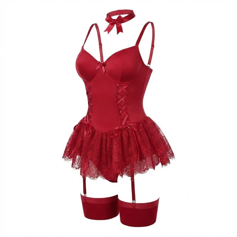 Johanna | Damen Spitzen-Rüschen Bustier Body mit Strumpfhalter-Riemen