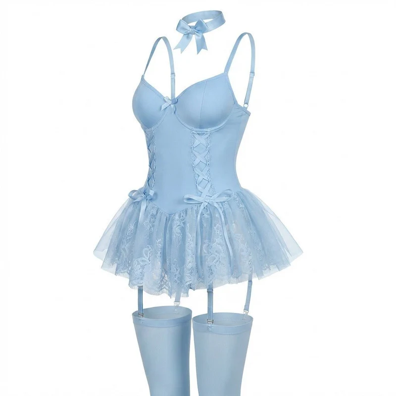 Johanna | Damen Spitzen-Rüschen Bustier Body mit Strumpfhalter-Riemen
