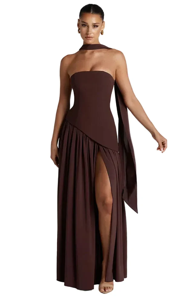 Damen trägerloses Maxikleid mit asymmetrischer Taille und Schlitz