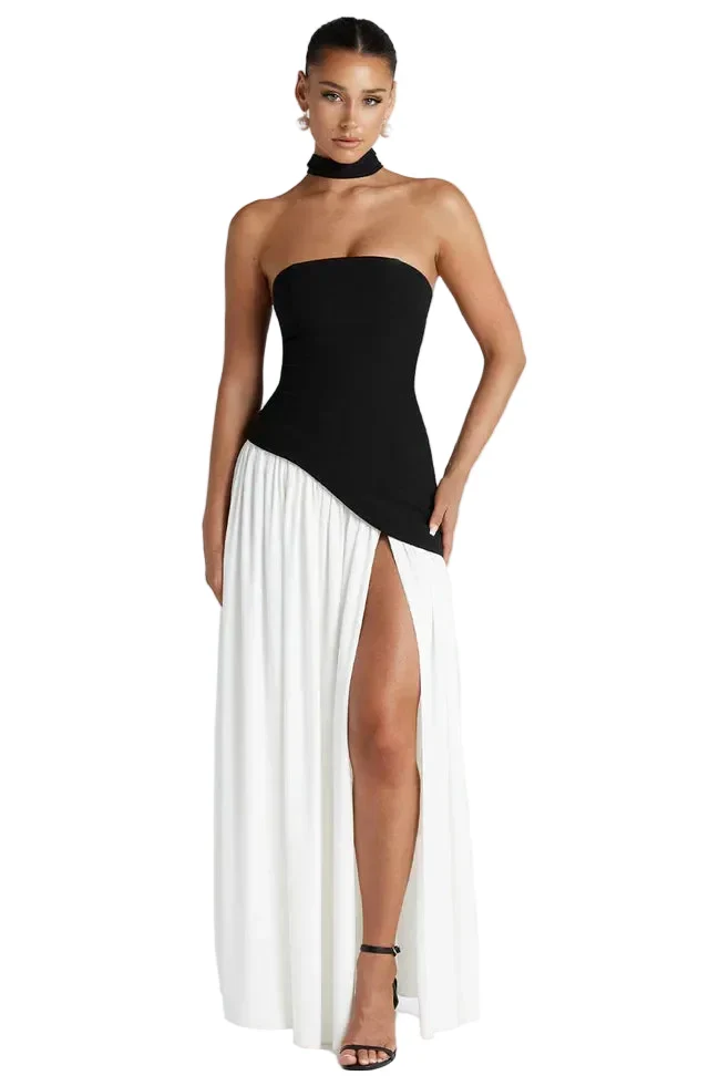 Damen trägerloses Maxikleid mit asymmetrischer Taille und Schlitz