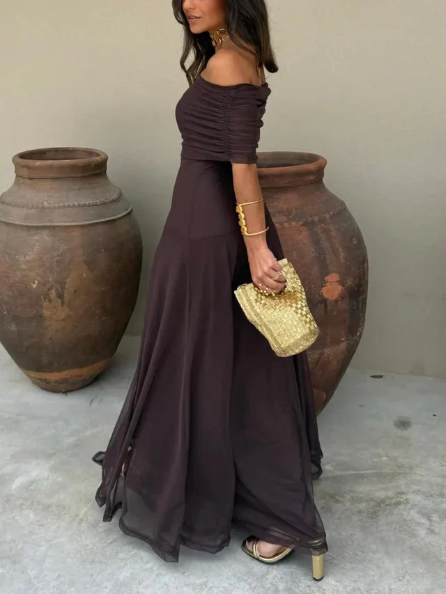 Damen Schulterfreies Maxikleid mit gerafftem Oberteil und langem Rock
