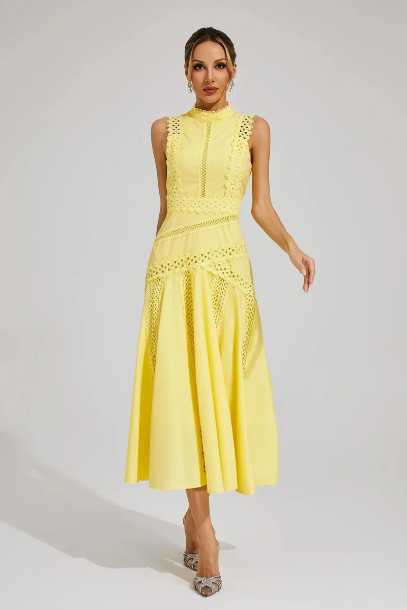 Marlene | Midi Kleid Ärmellos Spitze Hochzeitsgast Elegant