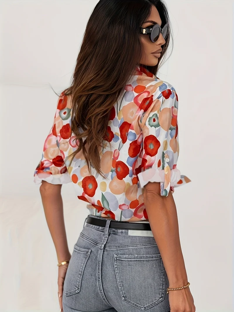 Marie | Bluse Damen Langarm Blumenmuster Knopfleiste Hemdkragen