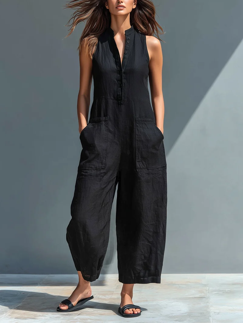 Elfriede | Damen Linen Jumpsuit ärmellos Stehkragen Knopfleiste