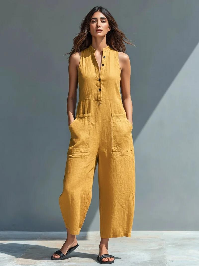 Elfriede | Damen Linen Jumpsuit ärmellos Stehkragen Knopfleiste