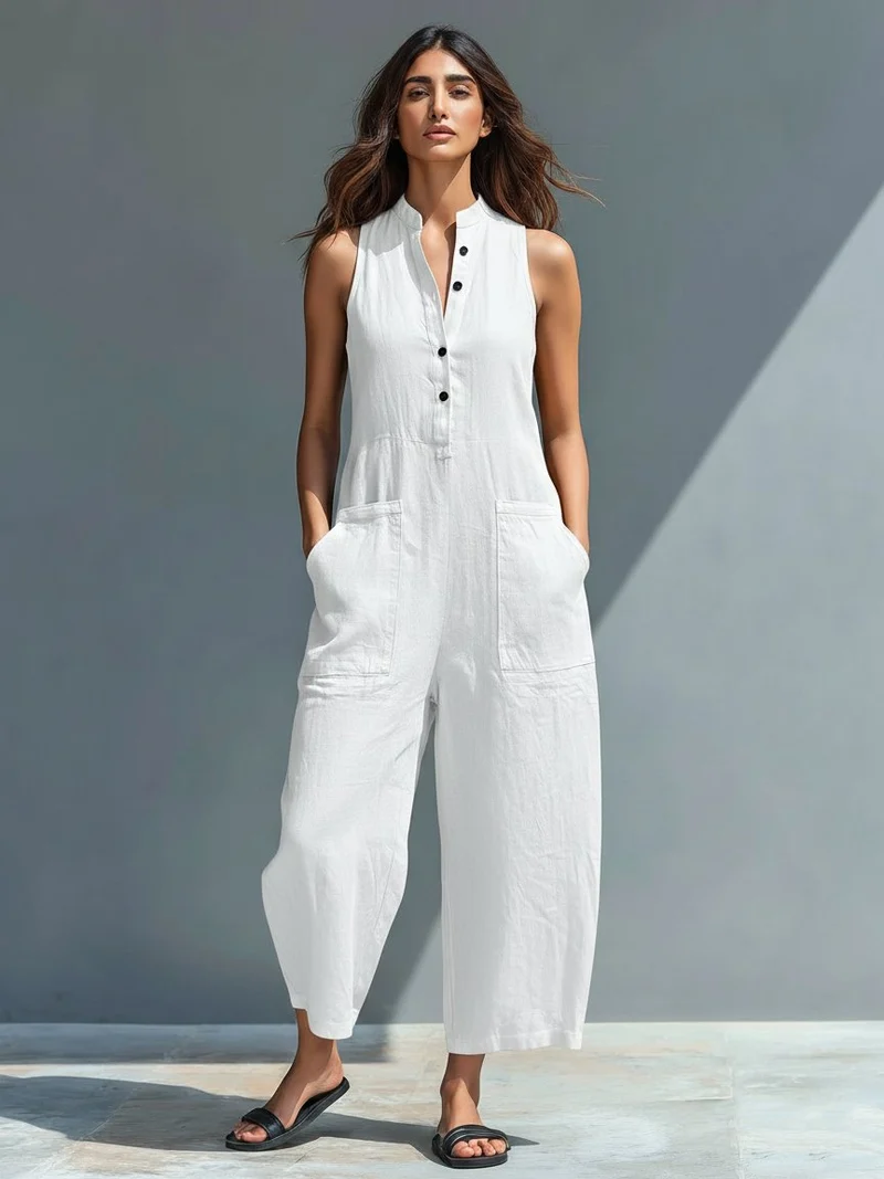Elfriede | Damen Linen Jumpsuit ärmellos Stehkragen Knopfleiste