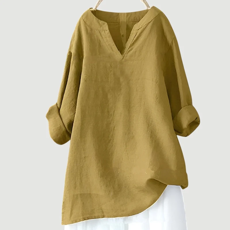Hannah | Damen Tunika Bluse Luftig Bequem V-Ausschnitt Langarm