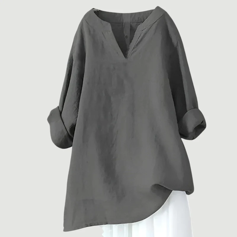 Hannah | Damen Tunika Bluse Luftig Bequem V-Ausschnitt Langarm