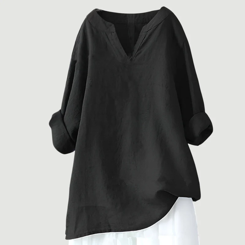 Hannah | Damen Tunika Bluse Luftig Bequem V-Ausschnitt Langarm