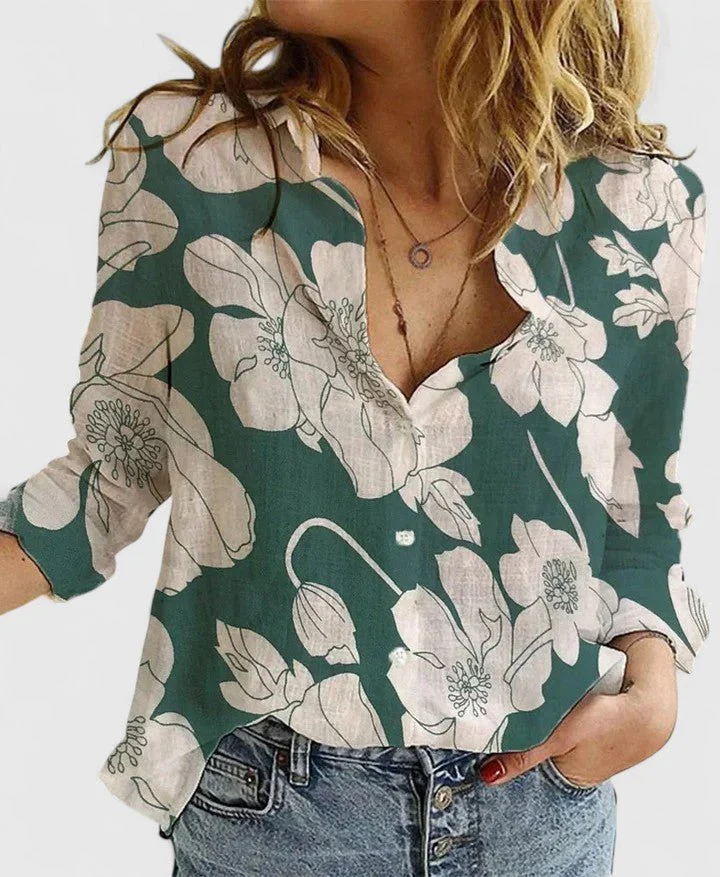Frieda | Damen Leinen Bluse Knopfleiste Lapel Kragen Entspannt