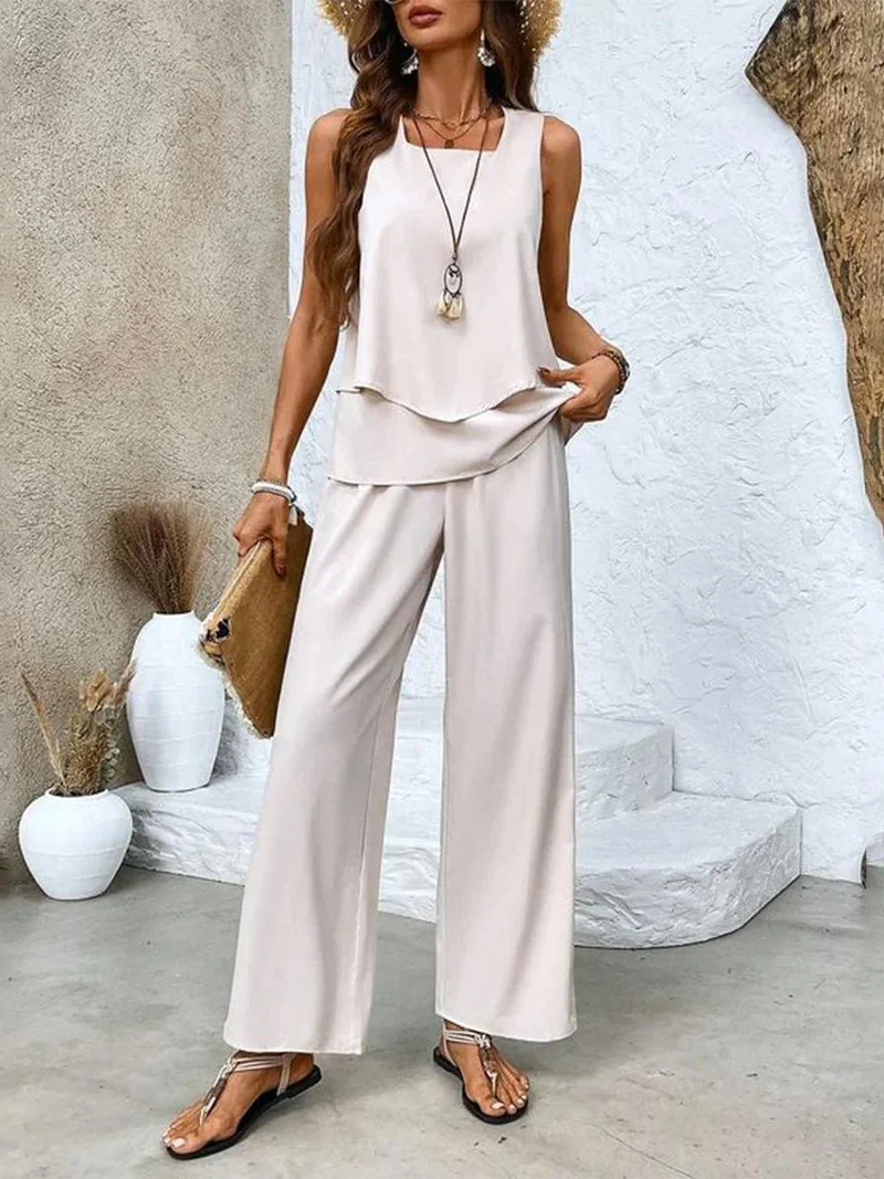 Katharina | Plus Size Zweiteiler Set Ärmellose Bluse Weite Hose