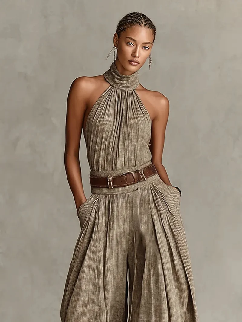 Luisa | Damen Taupe Neckholder Weites-Bein Jumpsuit
