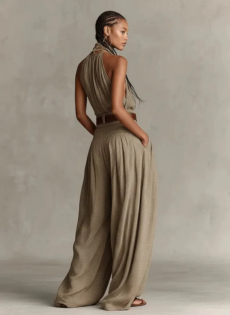 Luisa | Damen Taupe Neckholder Weites-Bein Jumpsuit