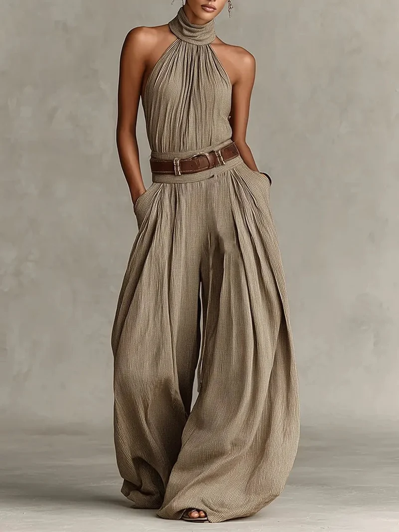 Luisa | Damen Taupe Neckholder Weites-Bein Jumpsuit