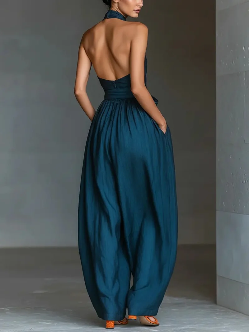 Lena | Damen Ärmellos Halterneck Leinen Jumpsuit Weites Bein