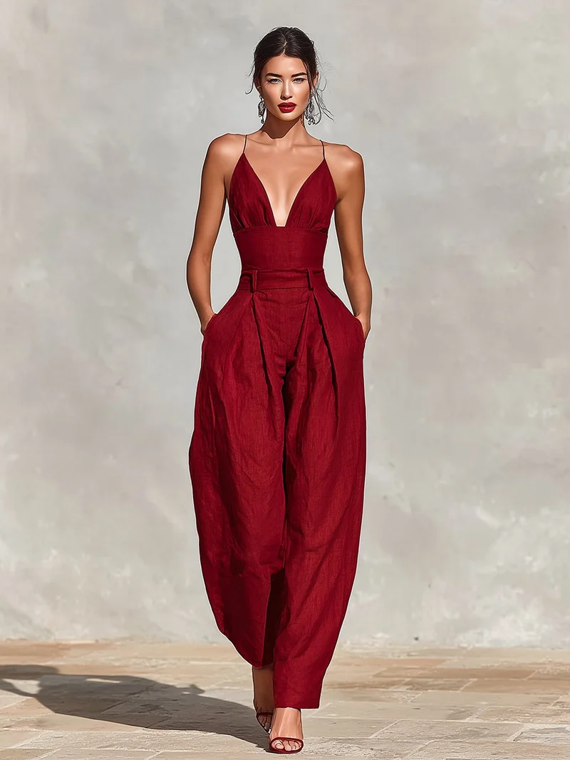 Greta | Damen Weites Leinen Trägerkleid Hohe Taille V-Ausschnitt
