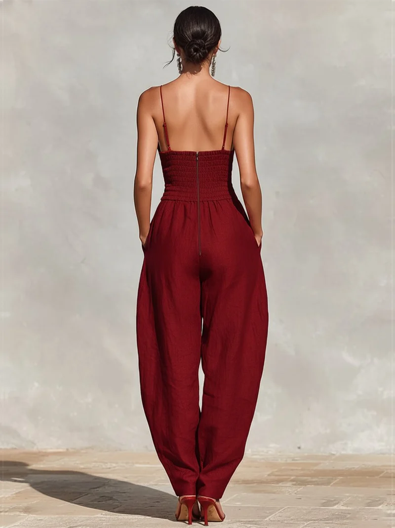 Greta | Damen Weites Leinen Trägerkleid Hohe Taille V-Ausschnitt