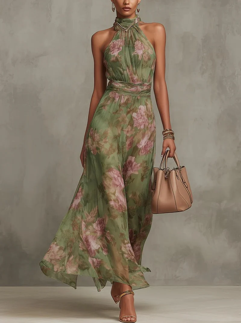 Leonie | Neckholder Maxikleid Blumenmuster Tailliert Sommerkleid