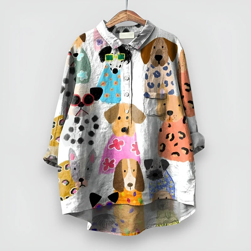 Marlene | Damen Langarm Hunde-Print Button-Down Hemdbluse