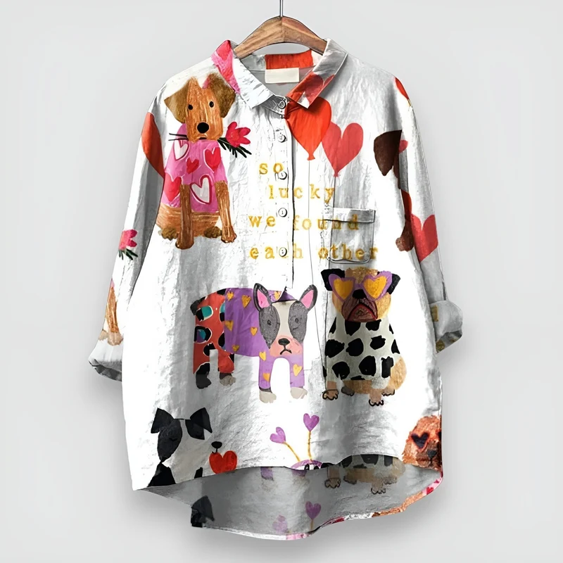 Marlene | Damen Langarm Hunde-Print Button-Down Hemdbluse