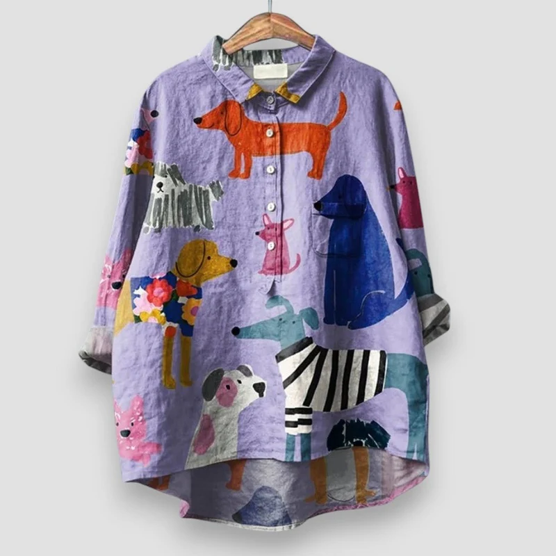 Marlene | Damen Langarm Hunde-Print Button-Down Hemdbluse