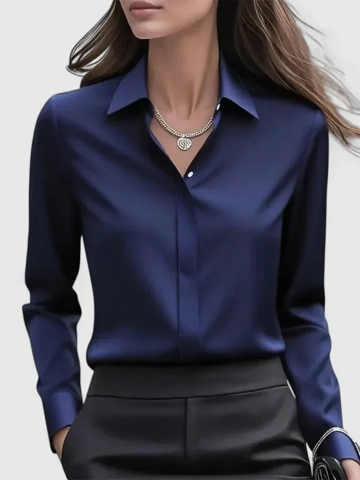 Greta | Damen Elegante Satin Business-Bluse mit verdeckter Knopfleiste