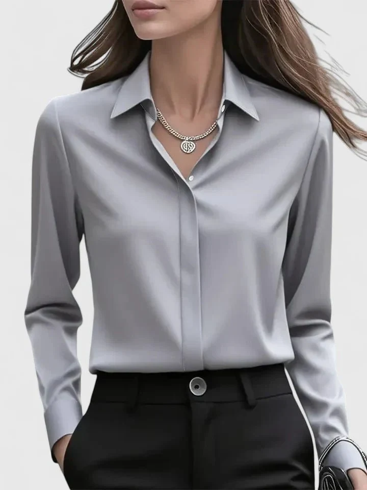 Greta | Damen Elegante Satin Business-Bluse mit verdeckter Knopfleiste