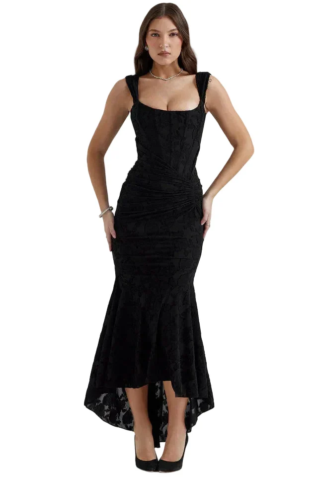 Damen Midikleid aus Spitze mit Raffung an der Taille und asymmetrischem Saum