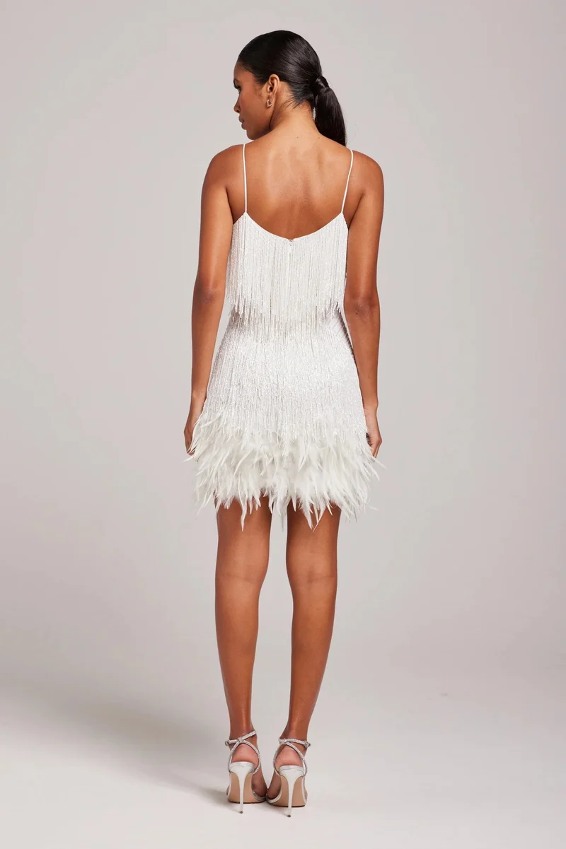 Mia | Cocktailkleid mit Fransen und Federn Trägerkleid V-Ausschnitt