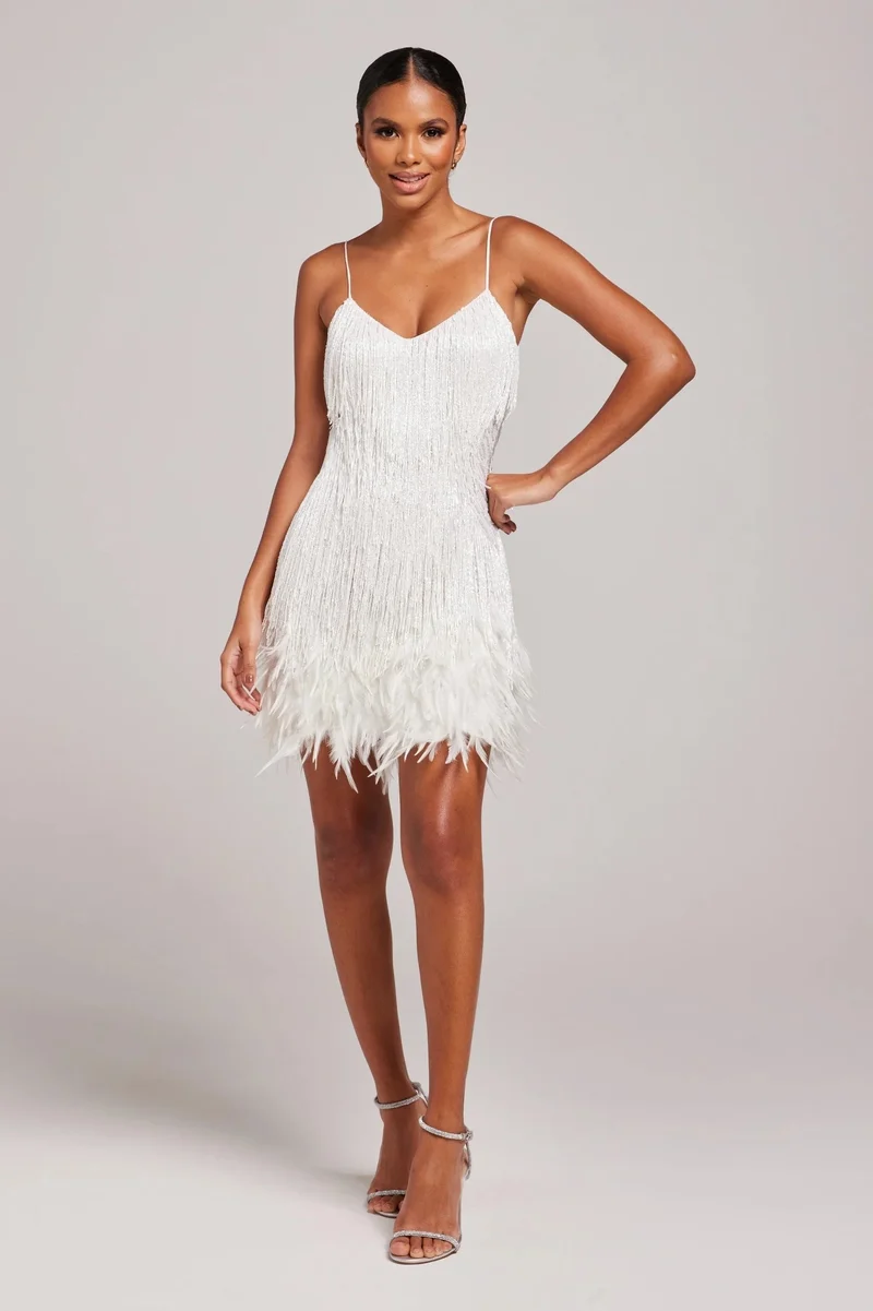 Mia | Cocktailkleid mit Fransen und Federn Trägerkleid V-Ausschnitt