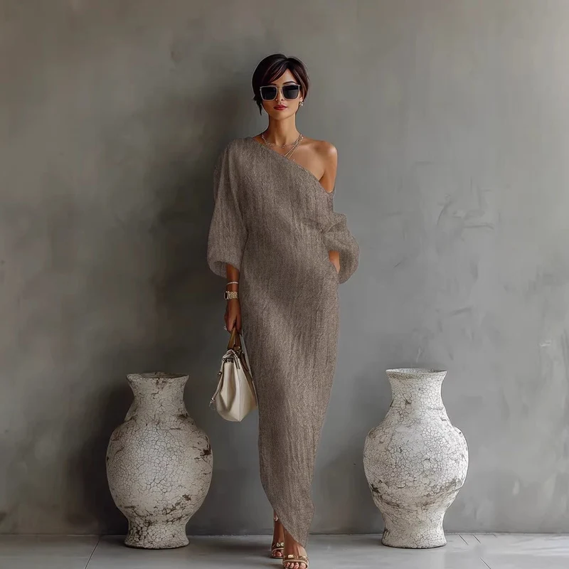 Johanna | Damen Maxi-Kleid Leinenoptik Asymmetrisch Laternärmel Locker