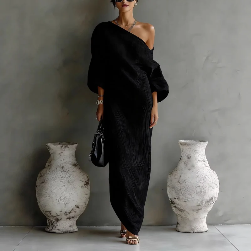 Johanna | Damen Maxi-Kleid Leinenoptik Asymmetrisch Laternärmel Locker