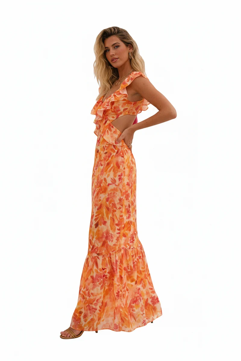 Damen Maxikleid mit Blumenmuster und Rüschendetails