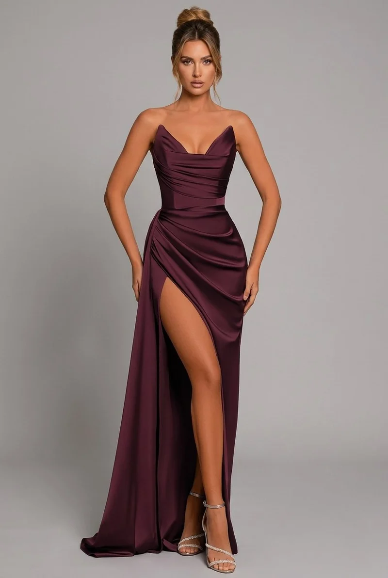 Mia | Maxi Kleid Herzausschnitt Raffung Schlitz