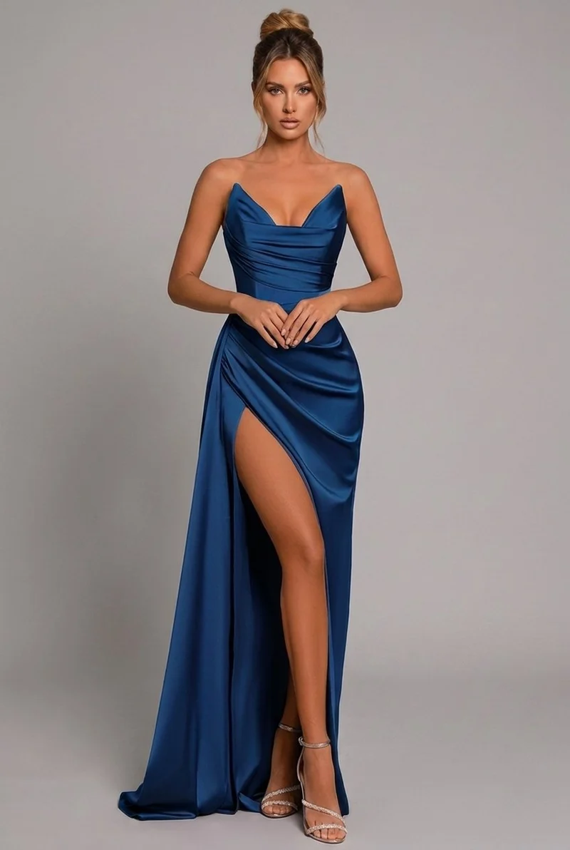 Mia | Maxi Kleid Herzausschnitt Raffung Schlitz