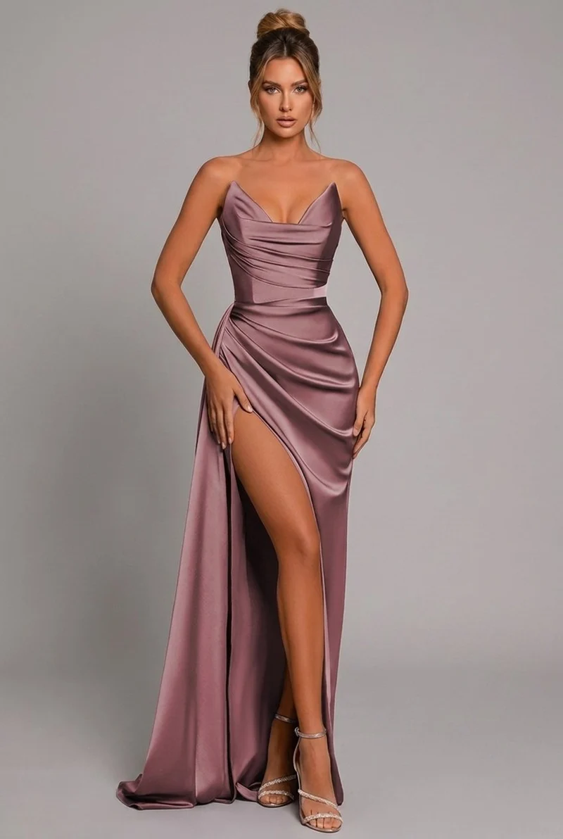 Mia | Maxi Kleid Herzausschnitt Raffung Schlitz