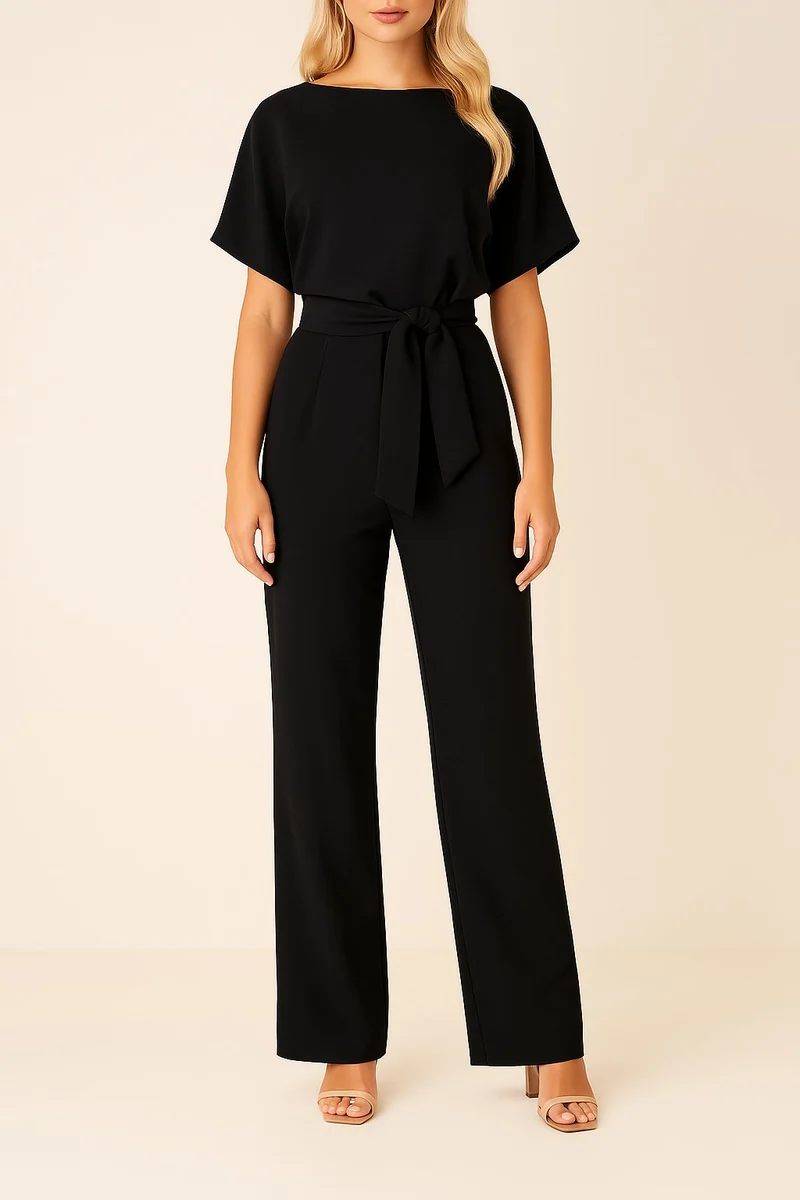 Marie | Damen Jumpsuit Ärmellos Weites Bein Bindegürtel