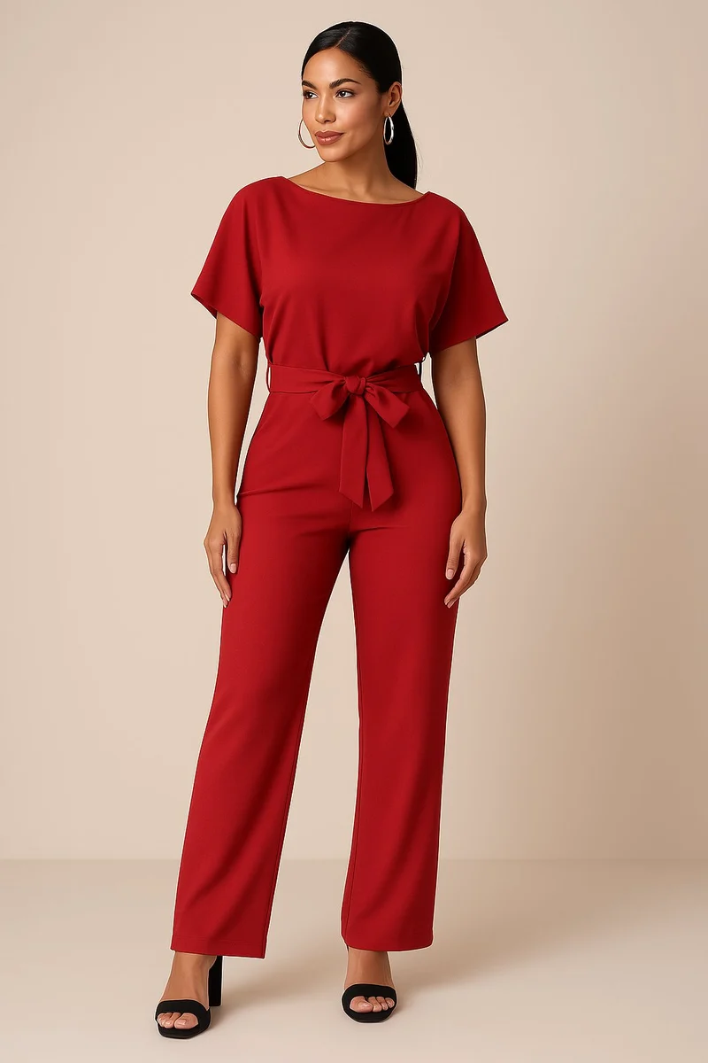 Marie | Damen Jumpsuit Ärmellos Weites Bein Bindegürtel