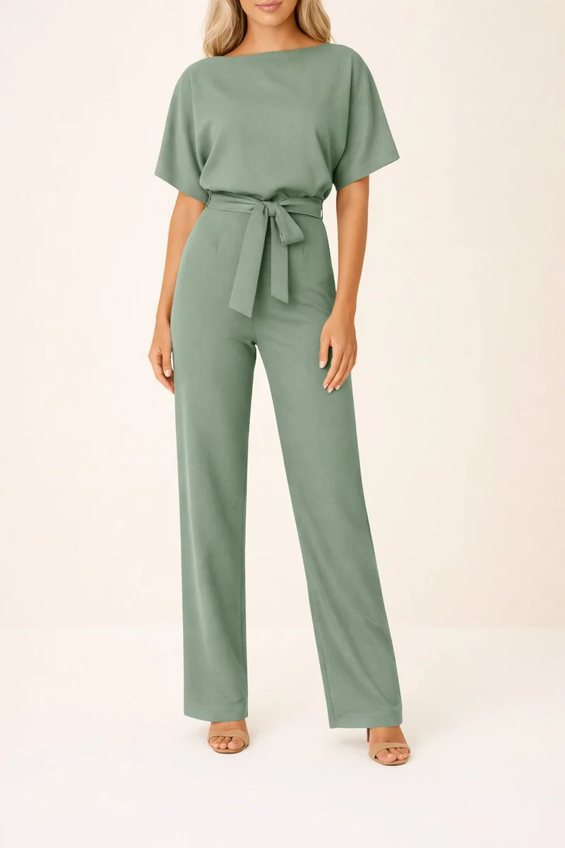 Marie | Damen Jumpsuit Ärmellos Weites Bein Bindegürtel
