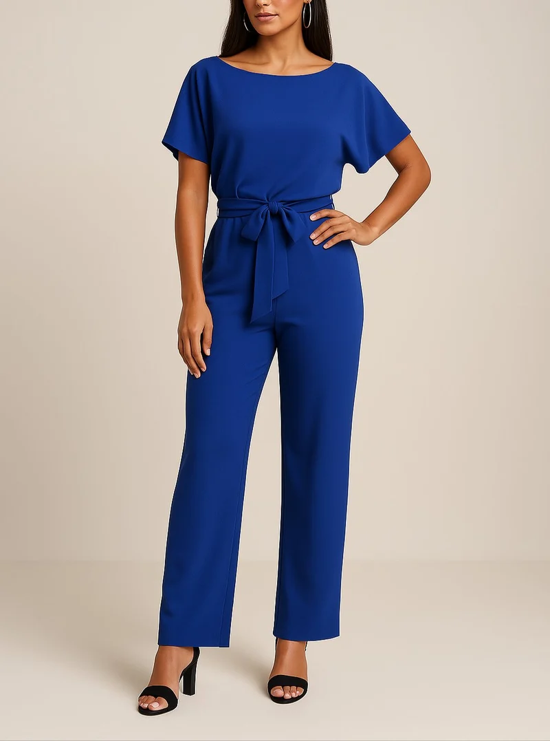 Marie | Damen Jumpsuit Ärmellos Weites Bein Bindegürtel