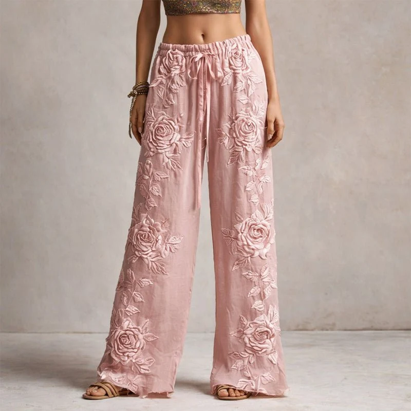 Hannah | Damen Wide-Leg Hose mit floraler Stickerei elastischer Bund