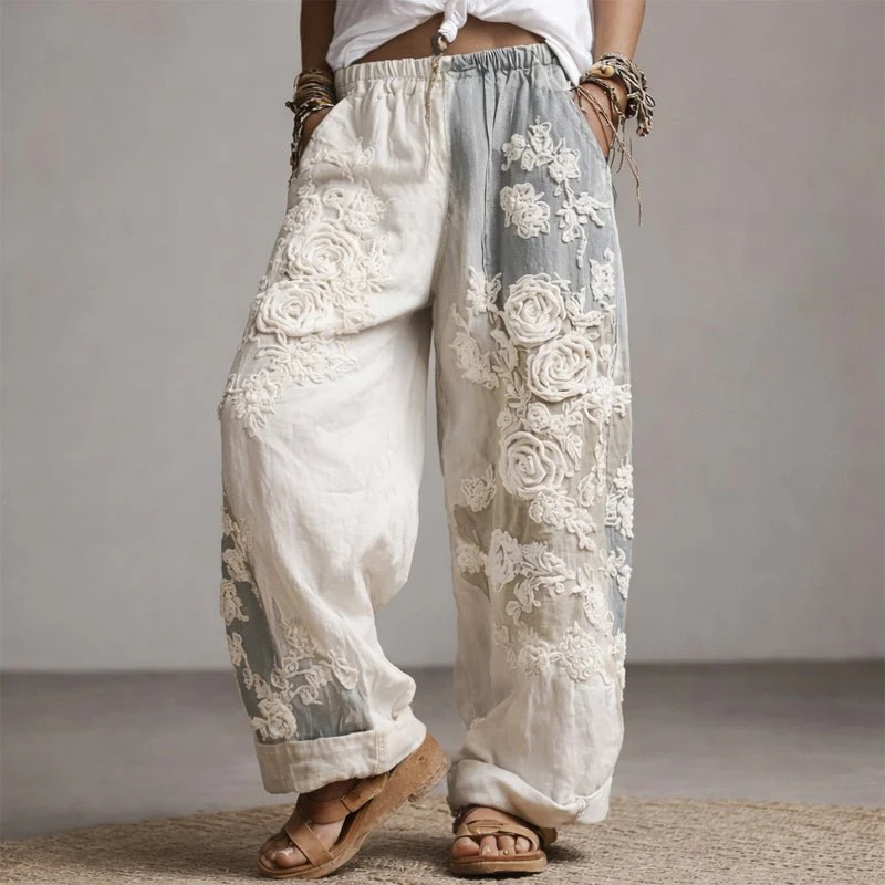 Hannah | Damen Wide-Leg Hose mit floraler Stickerei elastischer Bund