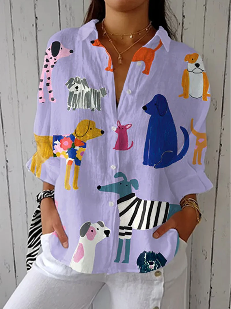 Nora | Damen Bluse Hundedruck Langarm V-Ausschnitt