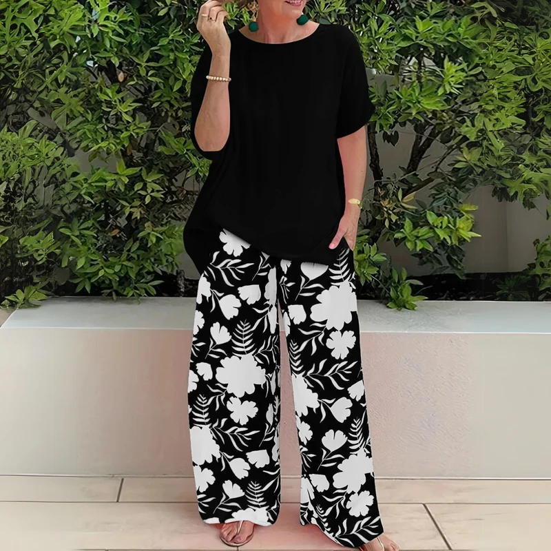 Hannah | Plus Size Zweiteiler Set Blumenmuster Wide-Leg Pants