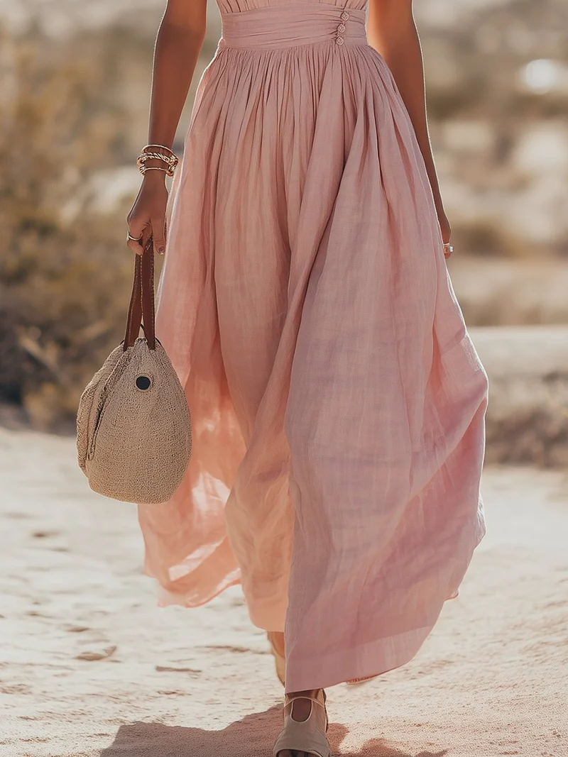 Lena | Damen Boho Neckholder Maxi Kleid aus Leinen